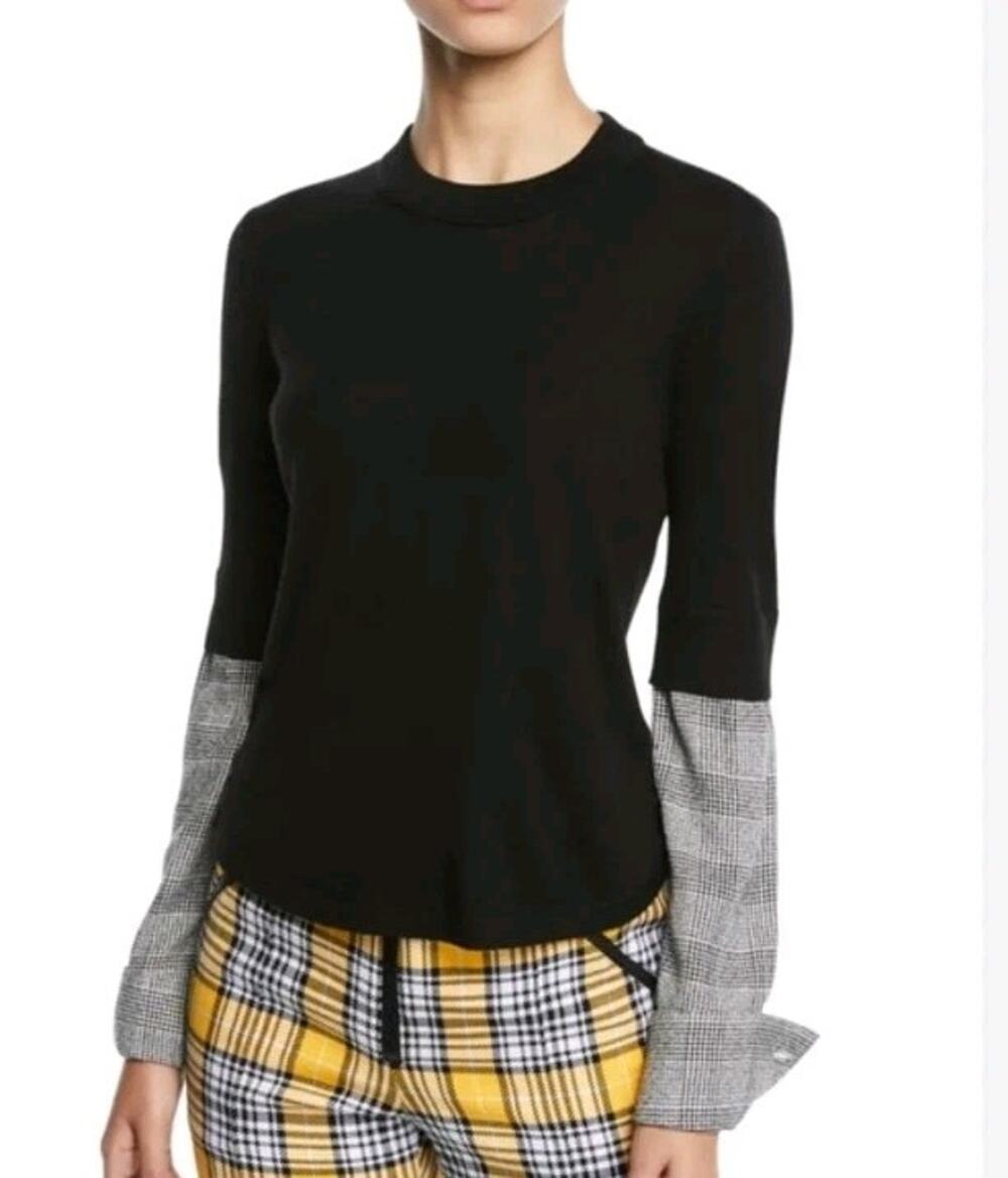 Veronica Beard Black Wool Sweater Gray Plaid Sleeves Size Large Preppy
